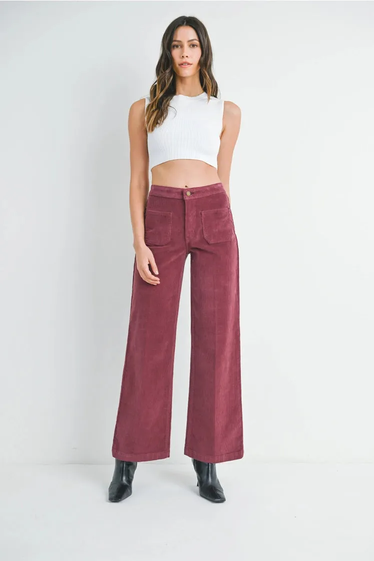 Corduroy Mini Patch Pocket Wide Leg -Dark Burgundy