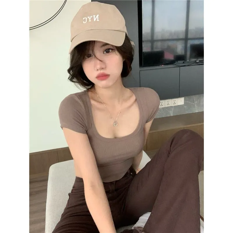 Cropped Irregular Pit Strip High-Waisted Tight-Fitting Short Sleeve Tee
