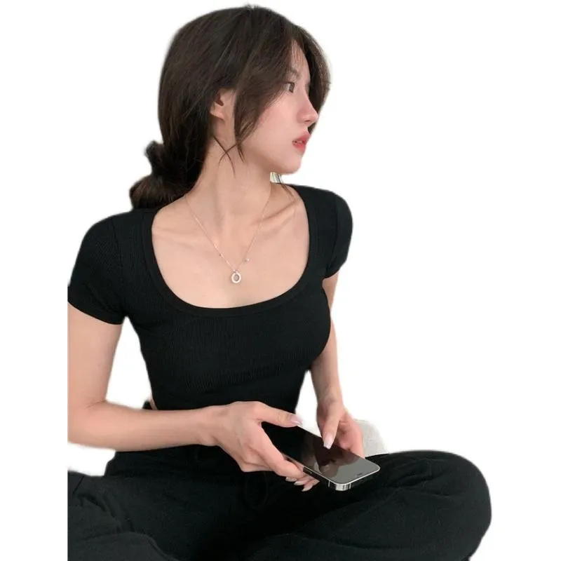 Cropped Irregular Pit Strip High-Waisted Tight-Fitting Short Sleeve Tee