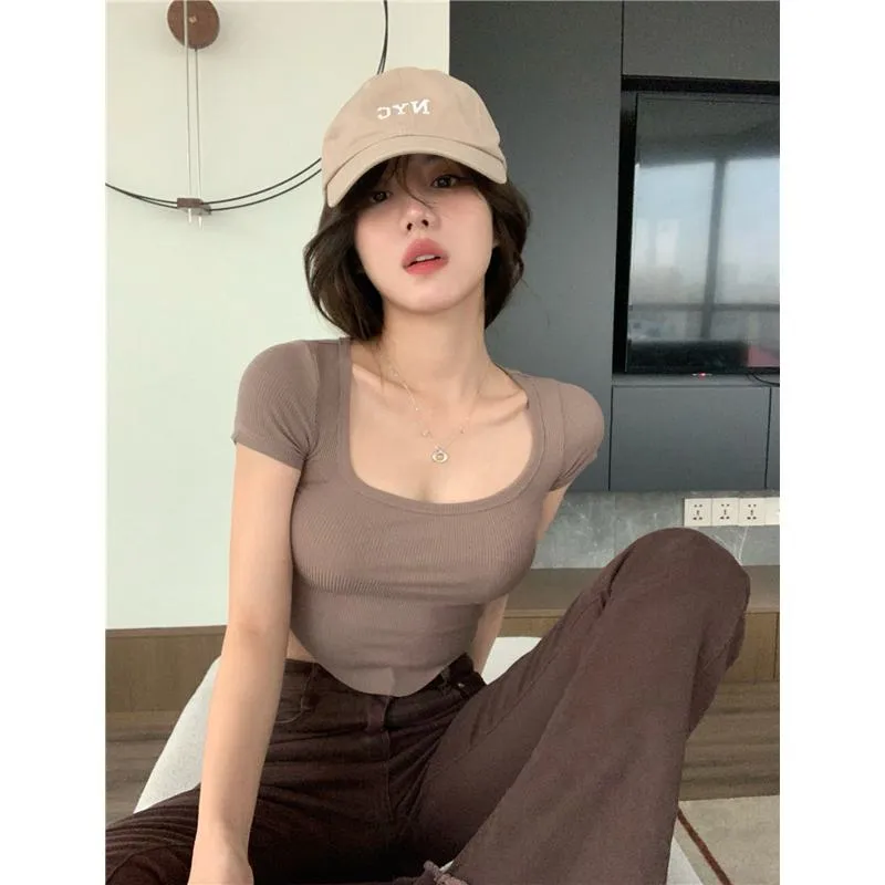 Cropped Irregular Pit Strip High-Waisted Tight-Fitting Short Sleeve Tee