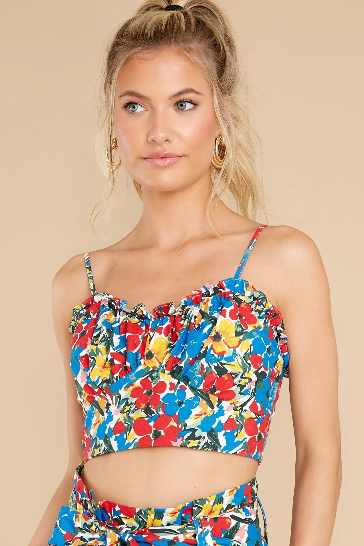 Dynamic Beauty Red Sorrente Print Shirred Crop Top