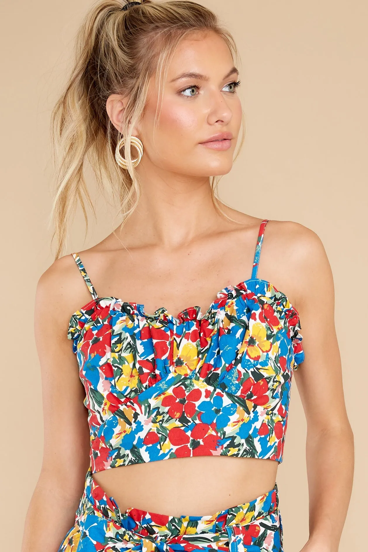 Dynamic Beauty Red Sorrente Print Shirred Crop Top