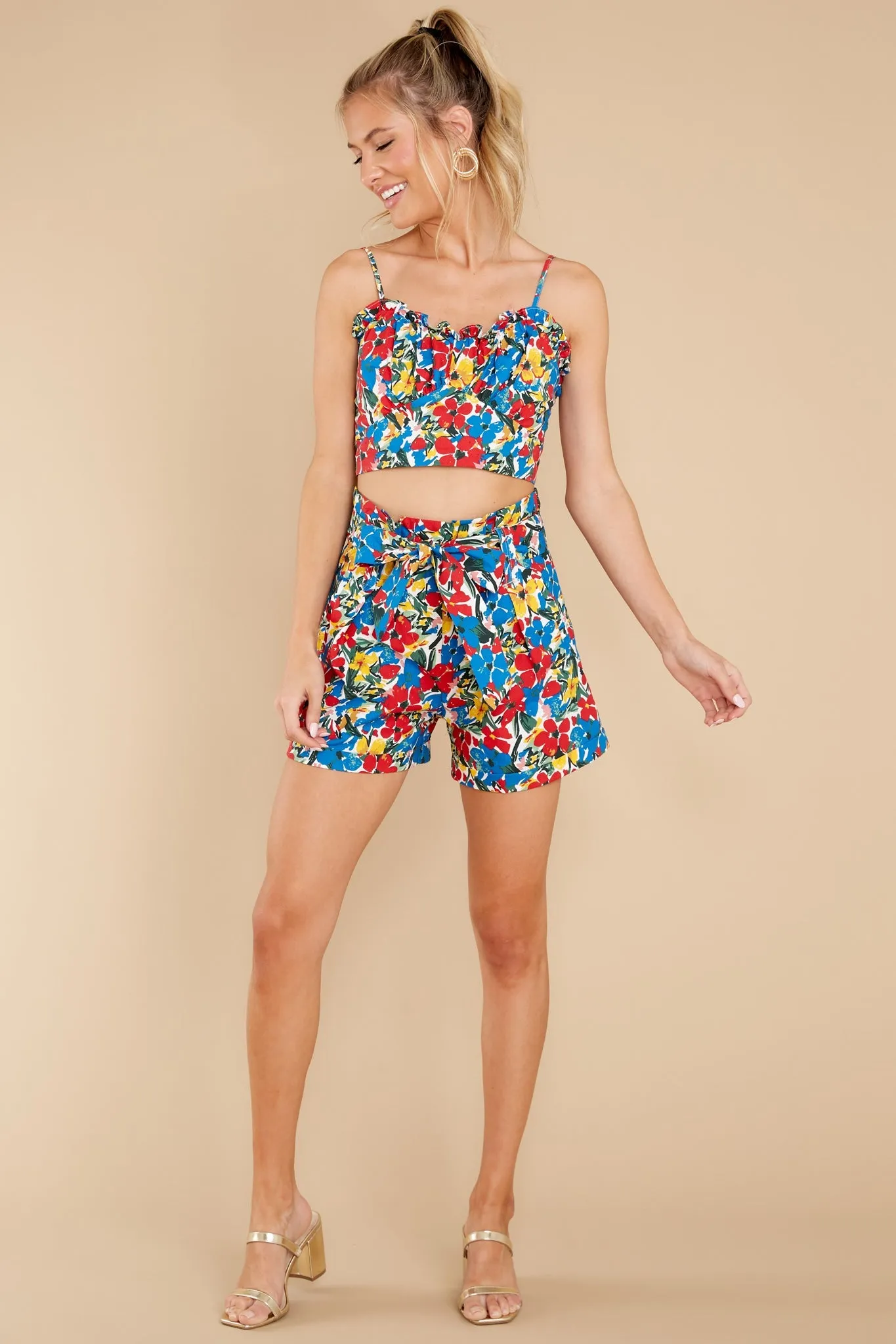 Dynamic Beauty Red Sorrente Print Shirred Crop Top