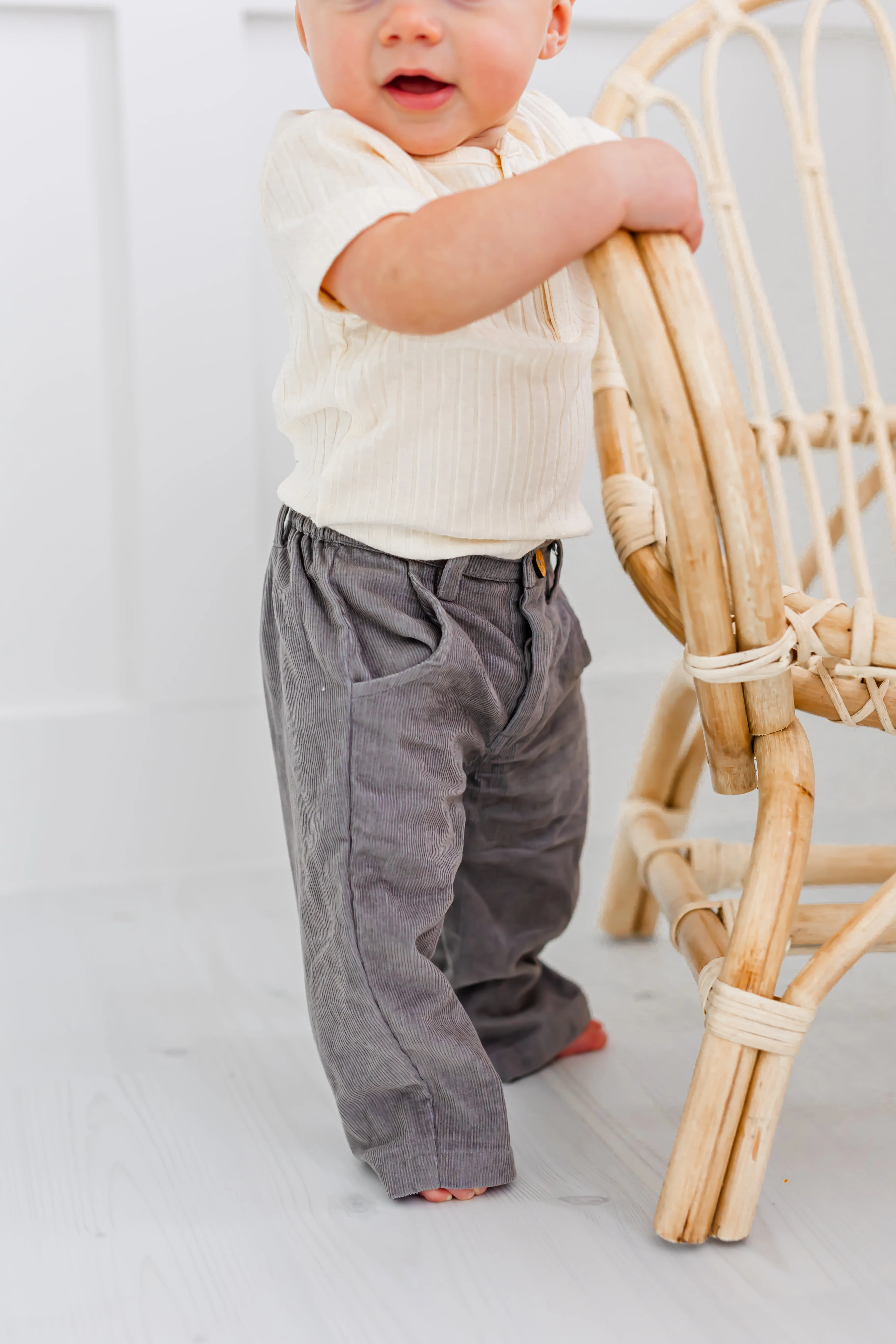 Grey Corduroy Solid Color Boys Pants