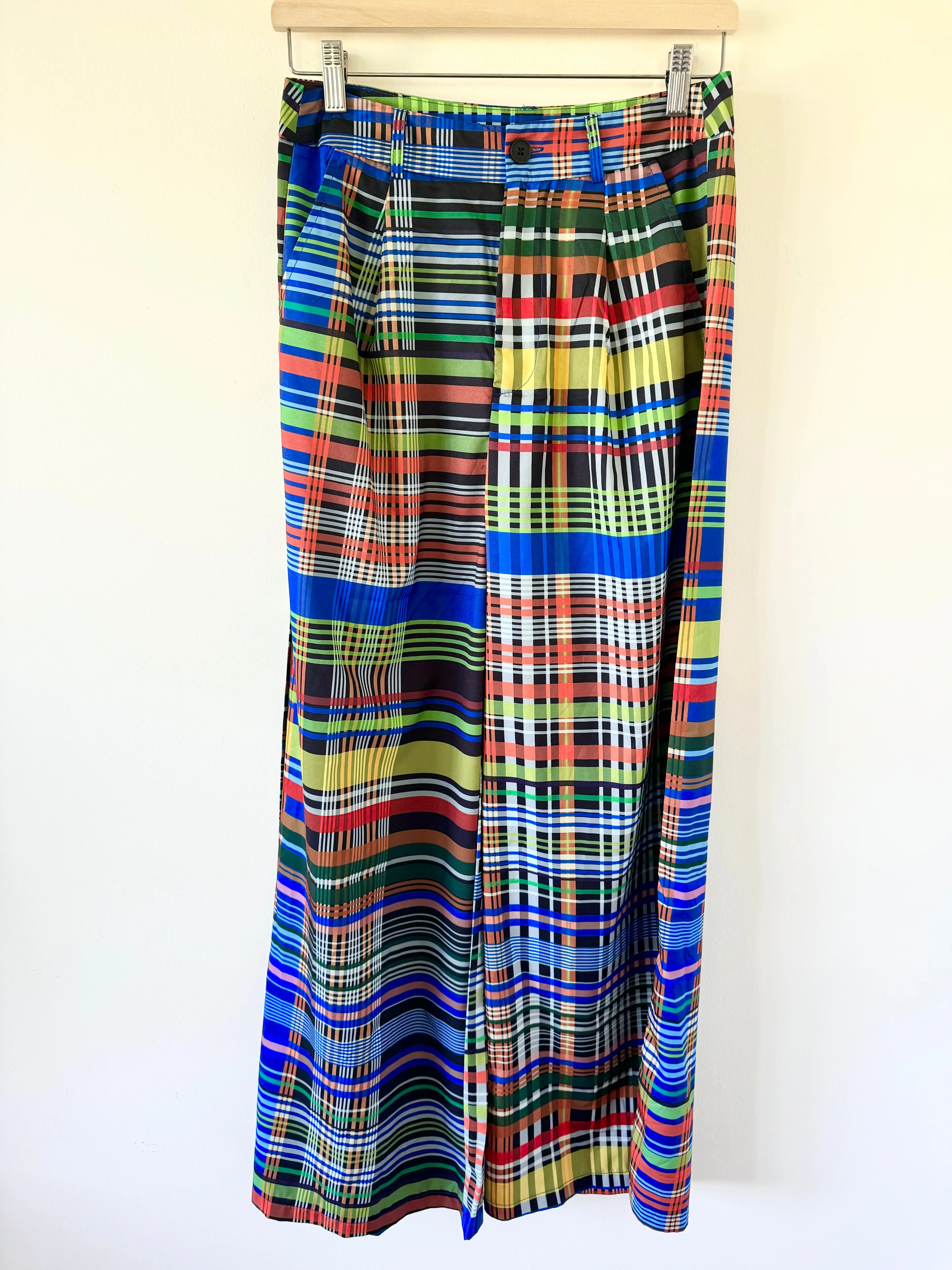 Multicolor Plaid Wide-Leg Trouser Pants (M)